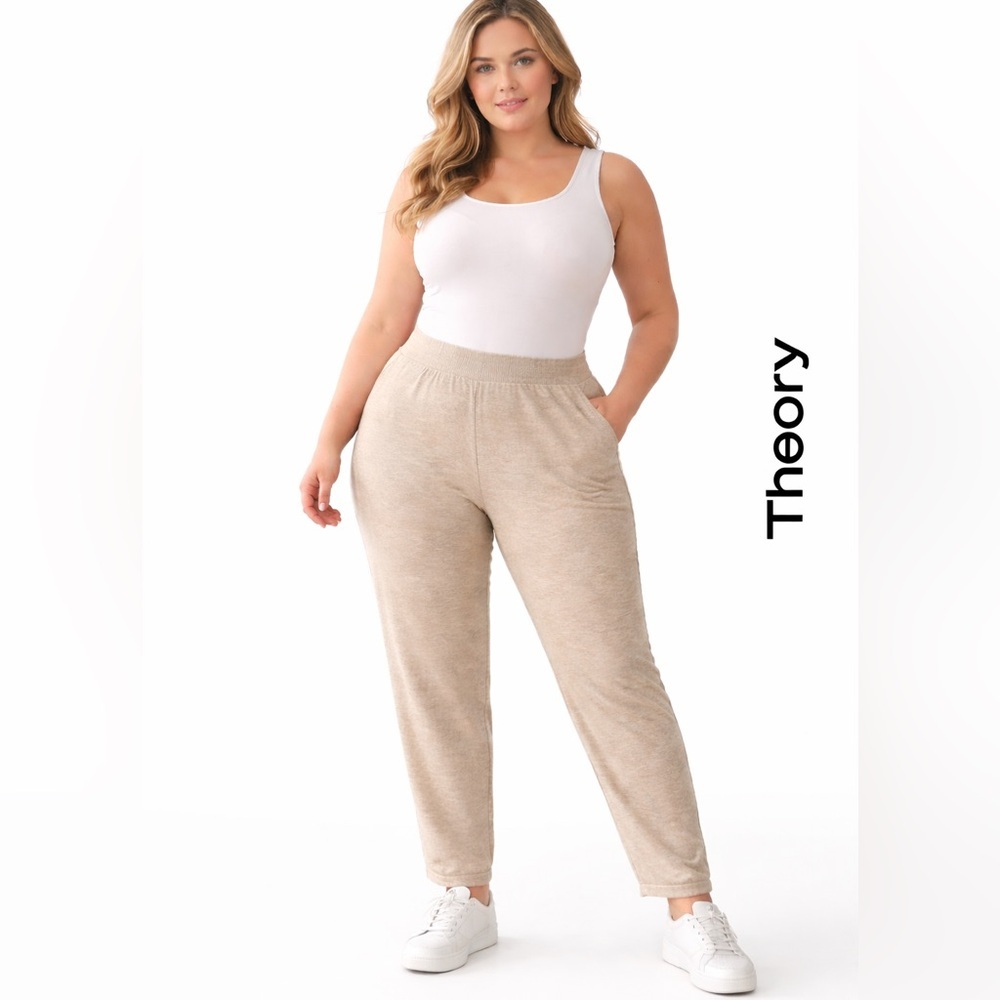 Theory Heathered Khaki Pull-On Pants Size L Elastic Waist Pockets 27.5